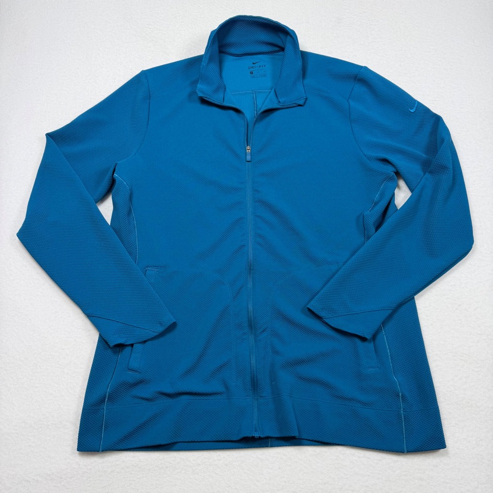 Nike Dri-FIT Women Full Zip Jacket Teal Blue Textured Waffle Knit Mock Neck M
